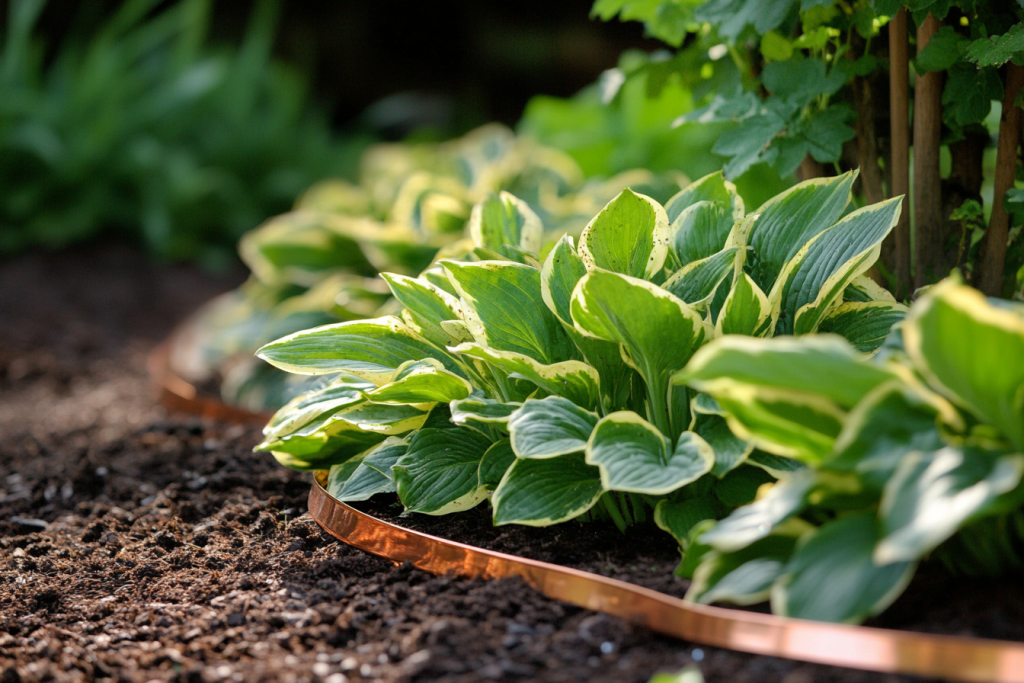 A hosta surrounded by copper tape to prevent slugs.